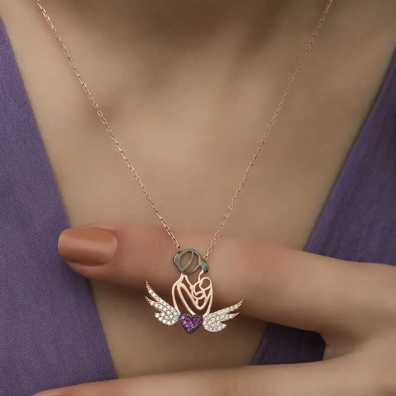 Gümüş Rose Kalpli Anne Ve Çocuk Kolye - Görsel 3