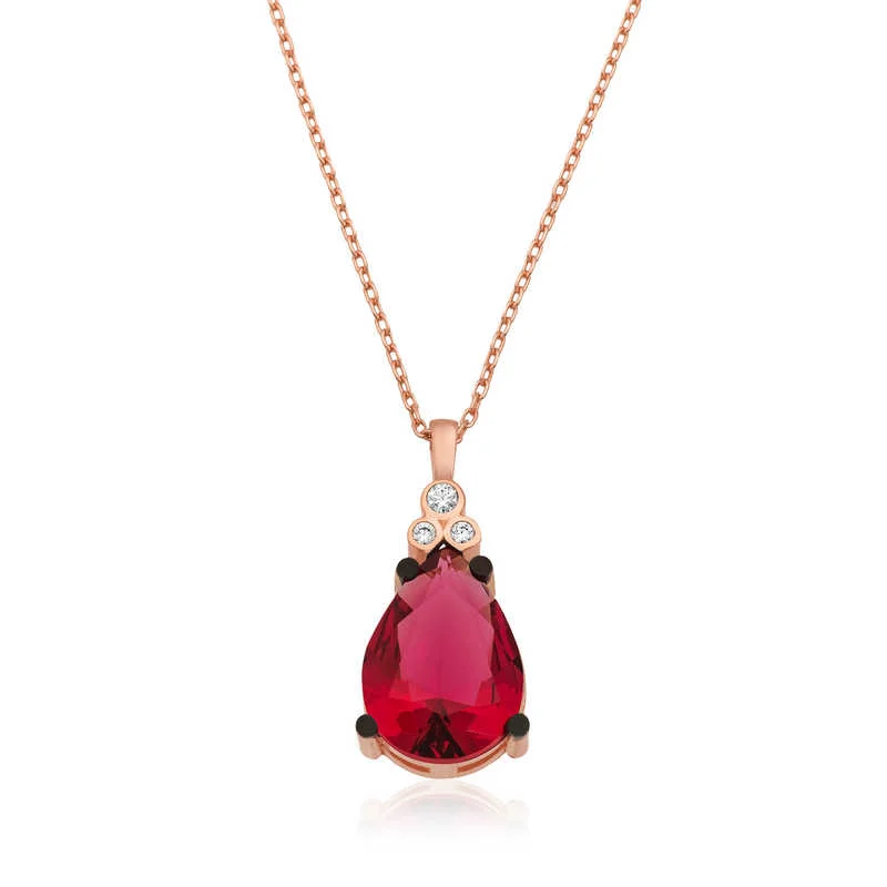 Gümüş Kırmızı Topaz Damla Kolye