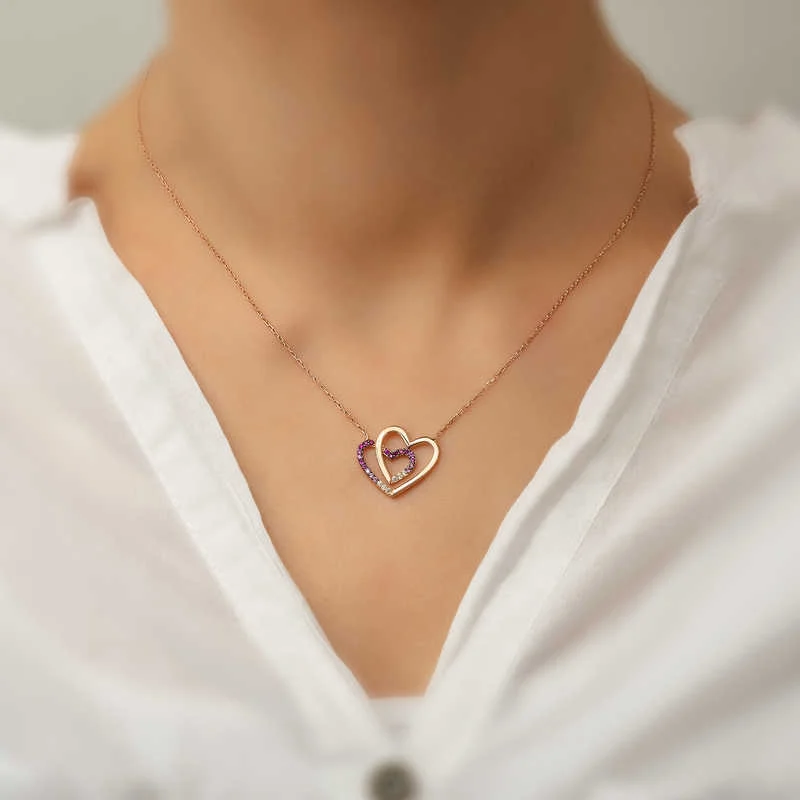 Gümüş Rose İki Kalp Bayan Kolye - Görsel 2