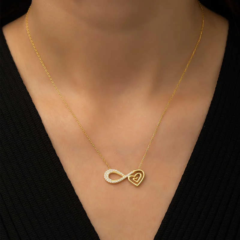 Gümüş Gold Kalpli Sonsuzluk Kolye - Görsel 3