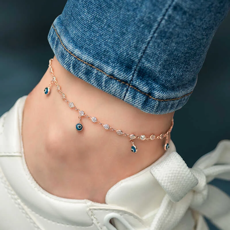 Gümüş Sıralı Zirkon Taşlı Nazarlı Rose Halhal - Görsel 3