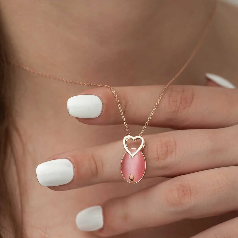Gümüş Pembe Kedi Gözü Taşlı Kalp Kolye - Görsel 3