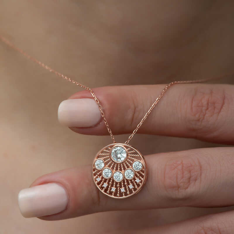 Gümüş Rose Etnik Desenli Rose Bayan Kolye - Görsel 3