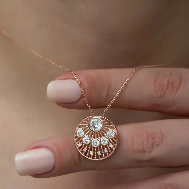 Gümüş Rose Etnik Desenli Rose Bayan Kolye - Görsel 3