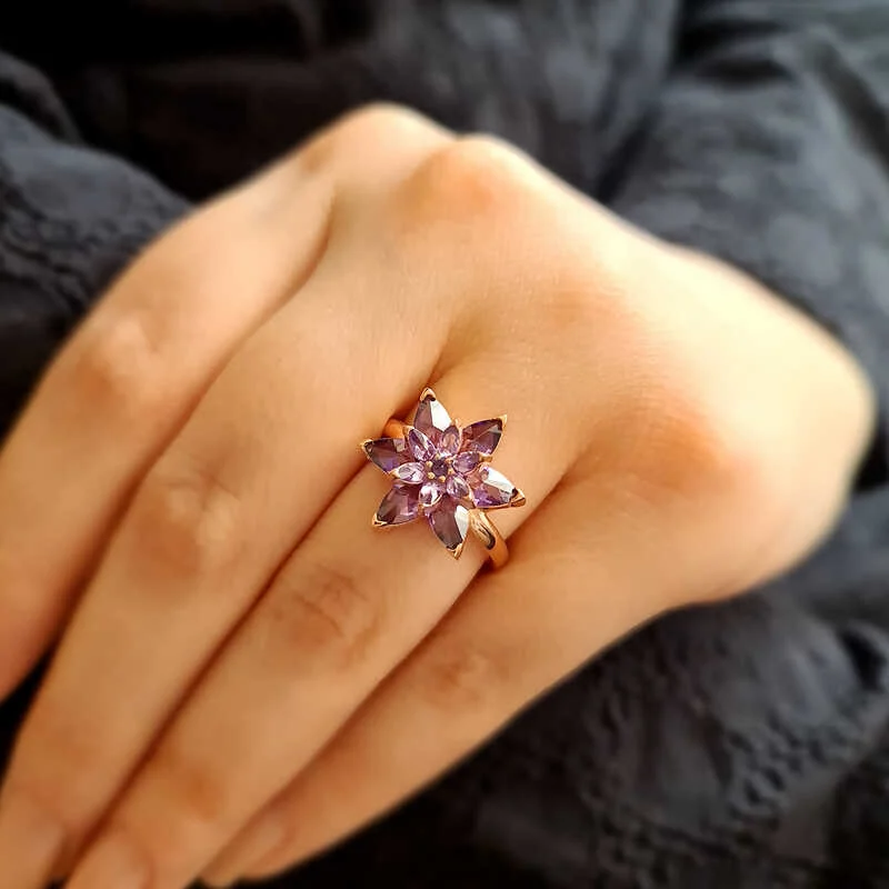 Gümüş Rose Mor Lotus Çiçeği Yüzük - Görsel 2