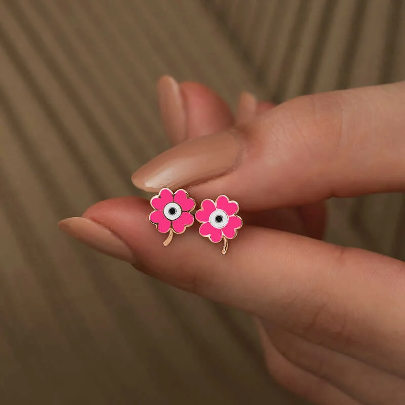 Gümüş Fosforlu Pembe Yonca Küpe - Görsel 3