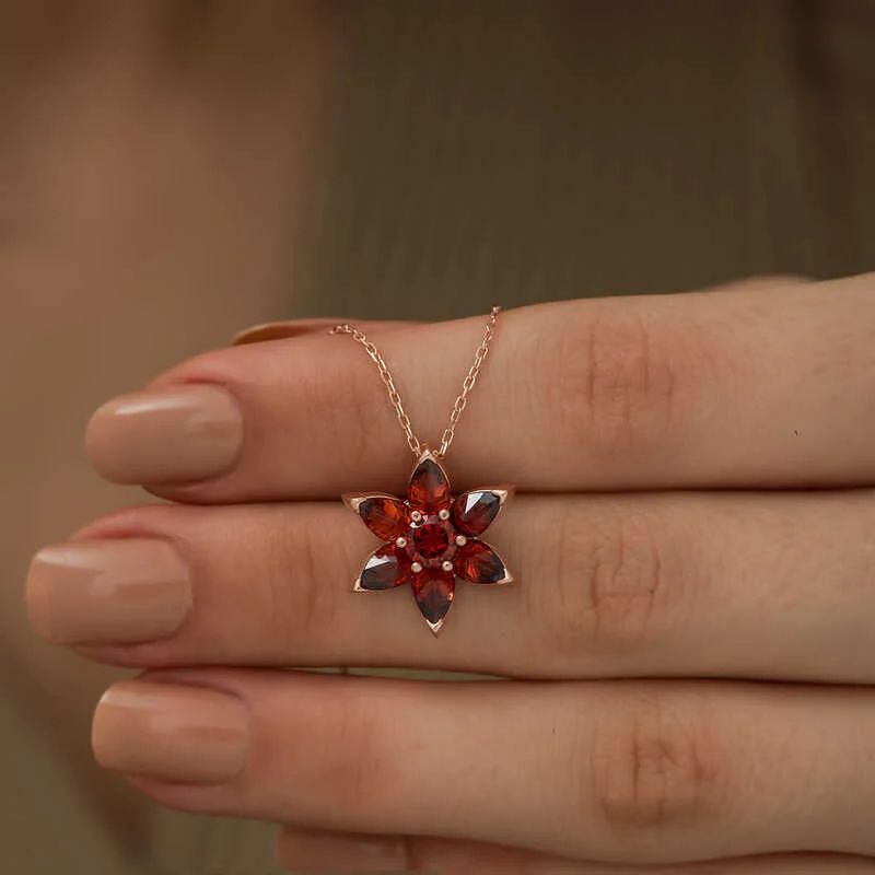 Gümüş Rose Kırmızı Çiçek Kolye - Görsel 3