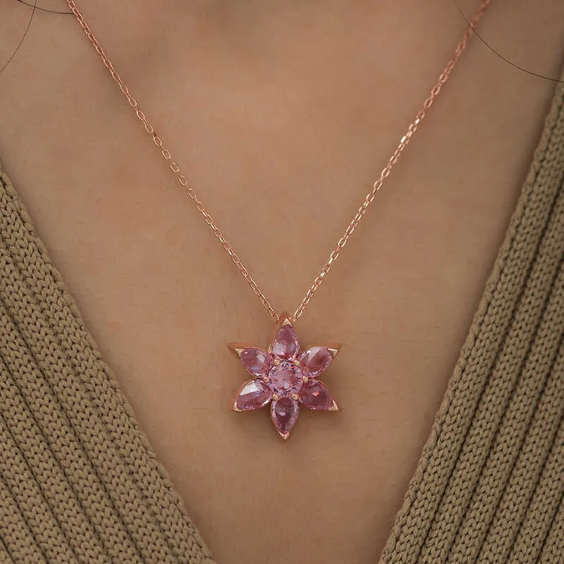 Gümüş Rose Pembe Çiçek Kolye - Görsel 2