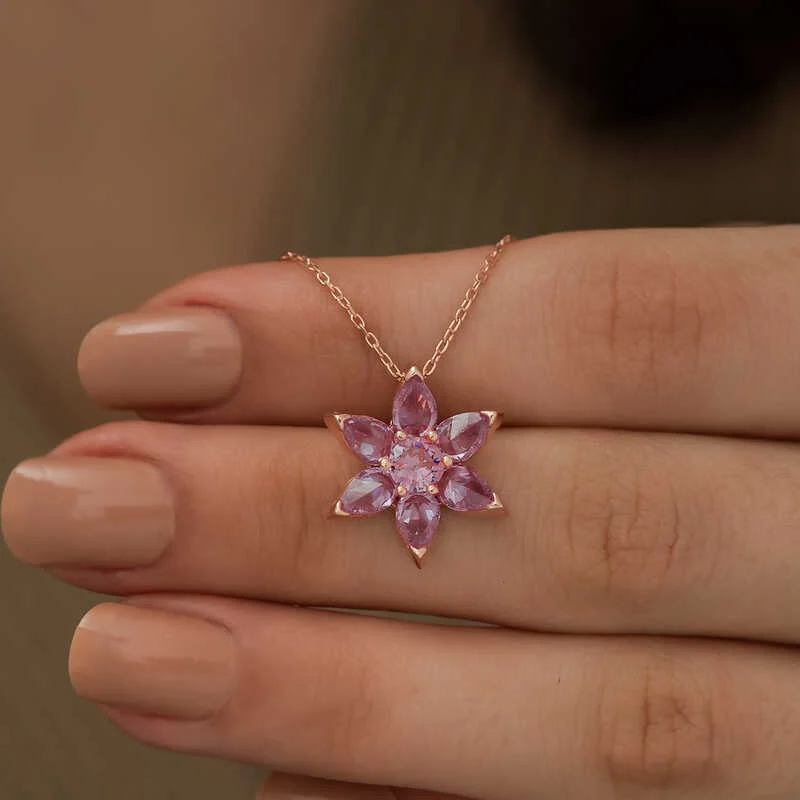 Gümüş Rose Pembe Çiçek Kolye - Görsel 3