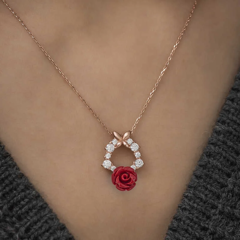 Gümüş Rose Kırmızı Gül Kolye - Görsel 3