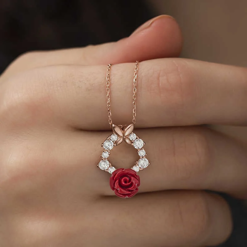 Gümüş Rose Kırmızı Gül Kolye - Görsel 4