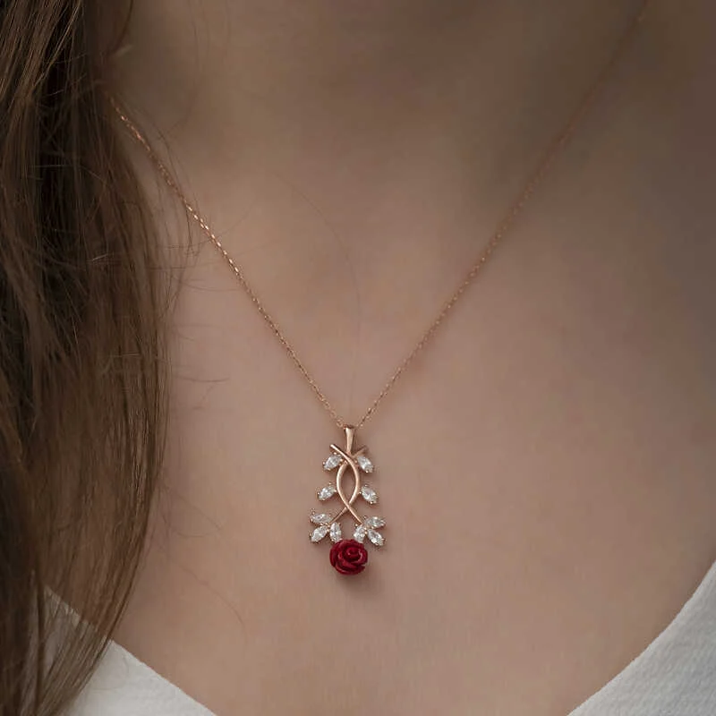 Gümüş Rose Kırmızı Gül Kolye - Görsel 2