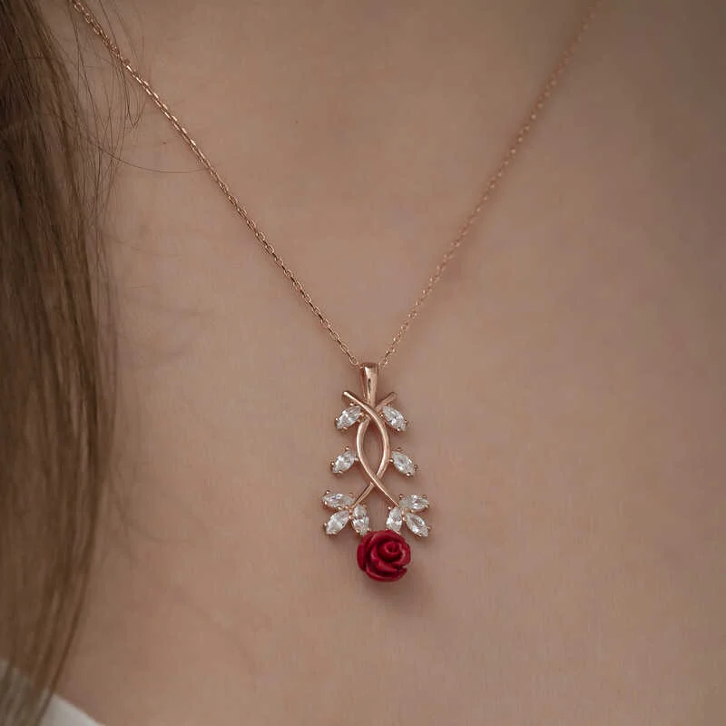 Gümüş Rose Kırmızı Gül Kolye - Görsel 3