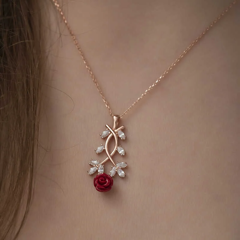 Gümüş Rose Kırmızı Gül Kolye - Görsel 4