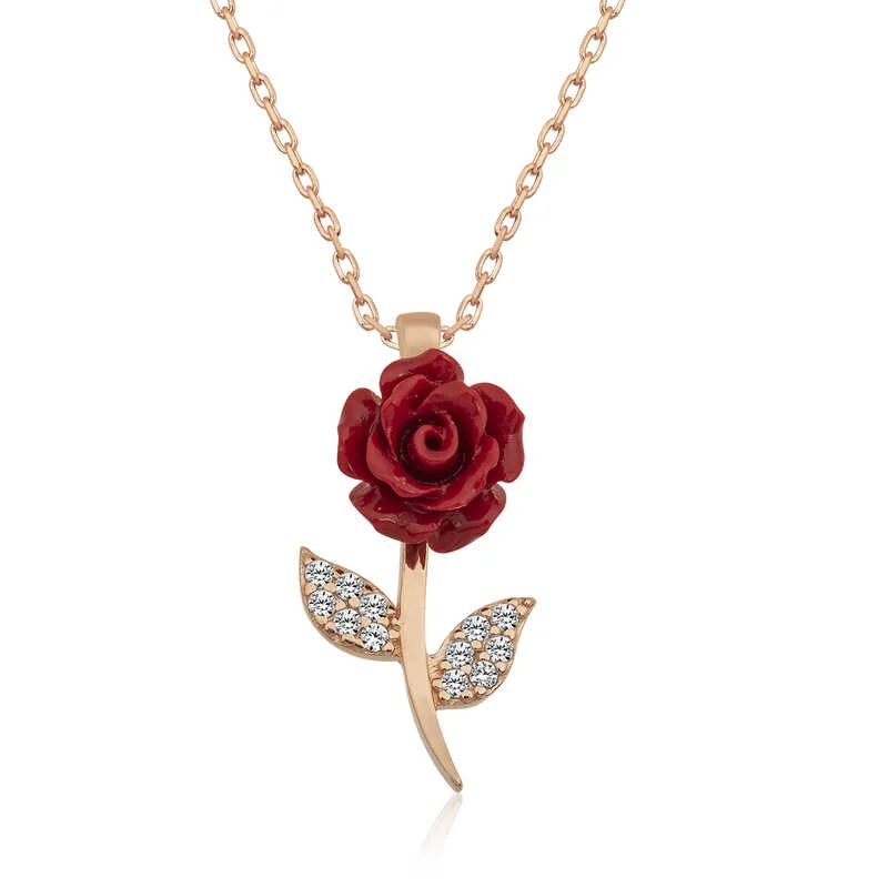 Gümüş Rose Kırmızı Gül Kolye