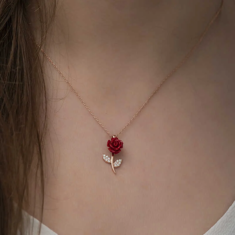 Gümüş Rose Kırmızı Gül Kolye - Görsel 2