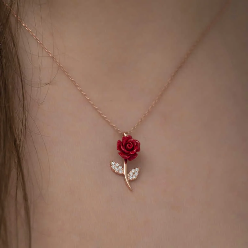 Gümüş Rose Kırmızı Gül Kolye - Görsel 3