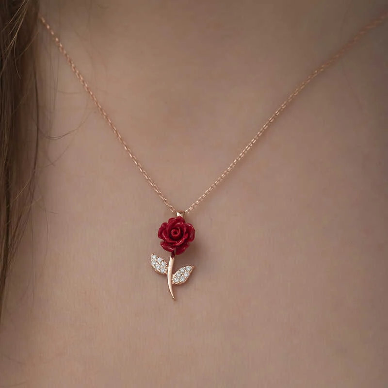 Gümüş Rose Kırmızı Gül Kolye - Görsel 4