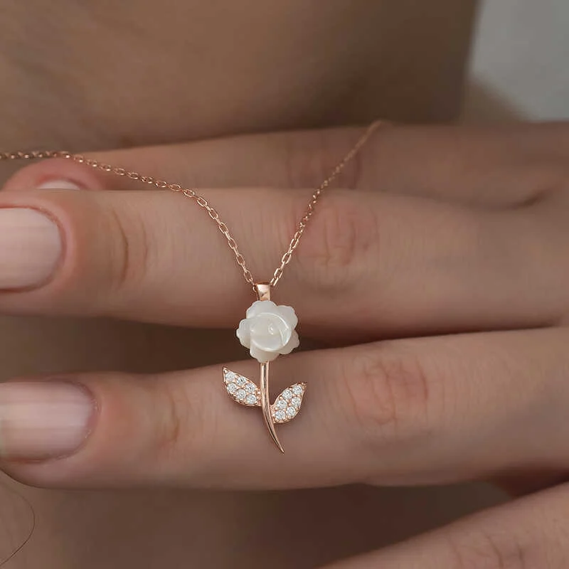 Gümüş Rose Beyaz Gül Kolye - Görsel 4