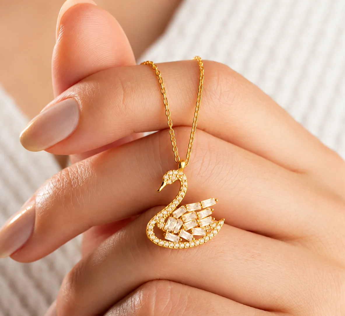 Gümüş Gold Baget Taşlı Kuğu Kadın Kolye