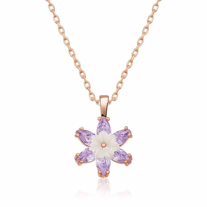 Gümüş Rose Lila Lotus Çiçeği Kolye