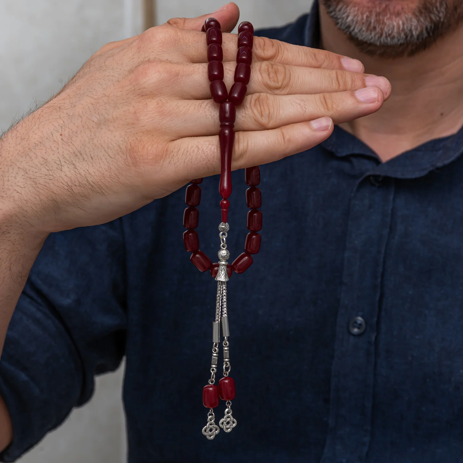Metal Püsküllü Kapsül Kesim Bordo Sıkma Kehribar Tesbih - Görsel 2