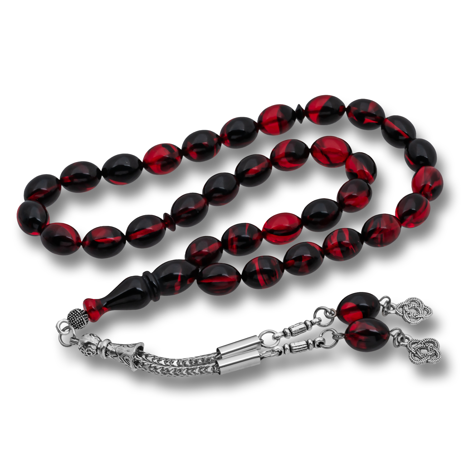 Metal Püsküllü Bordo Siyah Sıkma Kehribar Tesbih 1 Metal Püsküllü Bordo Siyah Sıkma Kehribar Tesbih