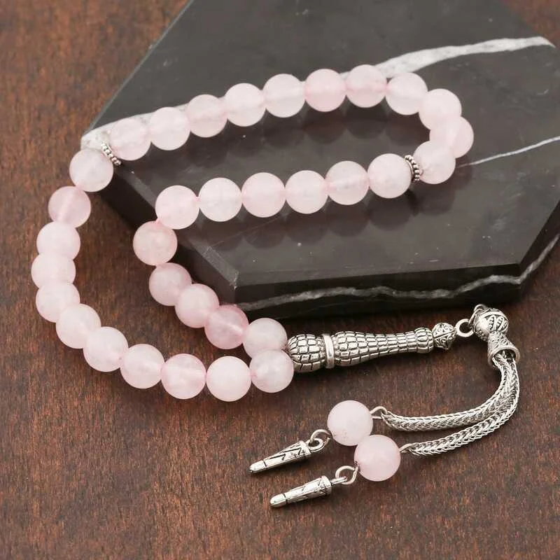 Doğaltaş Metal Püsküllü Pembe Kuvars Taşlı Tesbih - Görsel 2