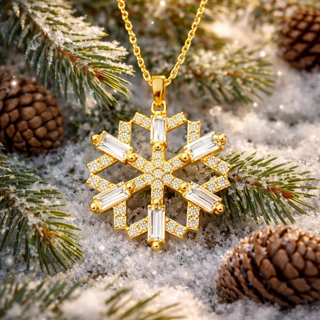 Gümüş Gold Baget Taşlı Kar Tanesi Kolye - Görsel 2