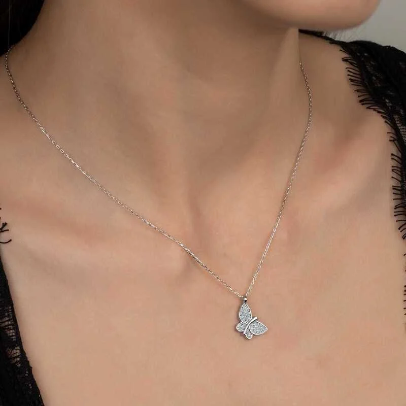 Swarovski Taşlı Gümüş Kelebek Bayan Kolye - Görsel 2