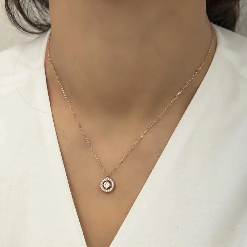 Gümüş Rose Minimal Yuvarlak Tektaş Bayan Kolye - Görsel 2