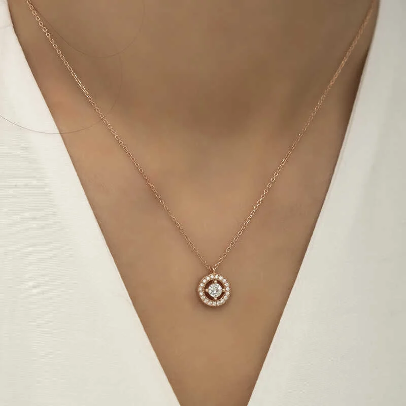 Gümüş Rose Minimal Yuvarlak Tektaş Bayan Kolye - Görsel 3