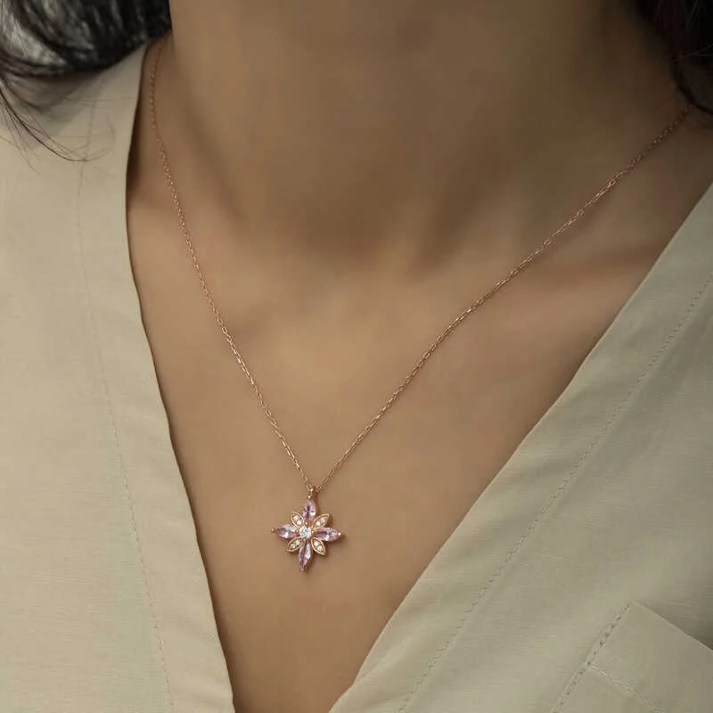 Gümüş Rose Pembe Taşlı Umut Çiçeği Kolye - Görsel 3
