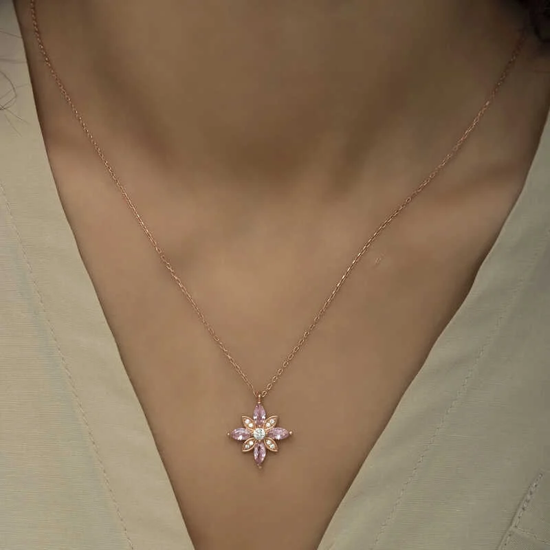 Gümüş Rose Pembe Taşlı Umut Çiçeği Kolye - Görsel 4