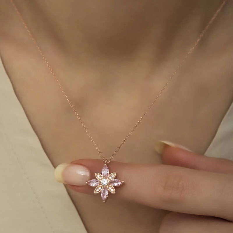 Gümüş Rose Pembe Taşlı Umut Çiçeği Kolye - Görsel 5