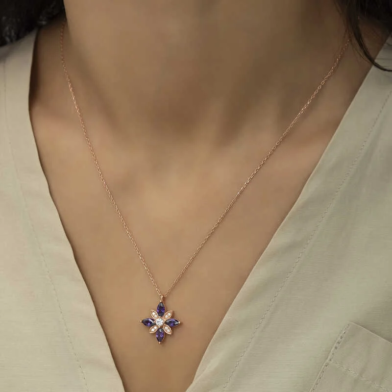 Gümüş Rose Mor Taşlı Umut Çiçeği Kolye - Görsel 4