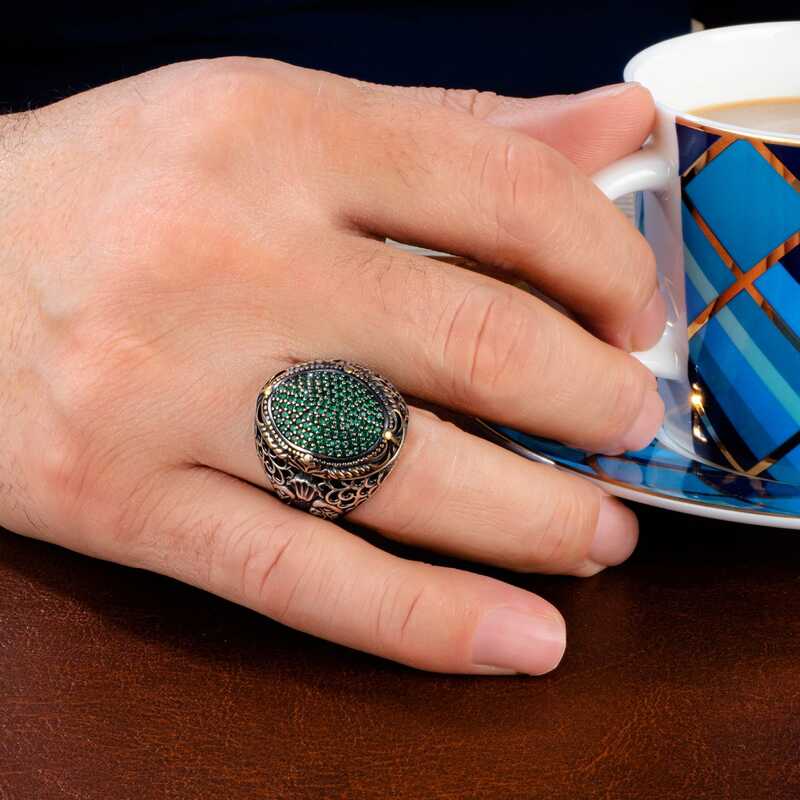Gümüş Yeşil Zirkon Taşlı Oval Erkek Yüzük - Görsel 2