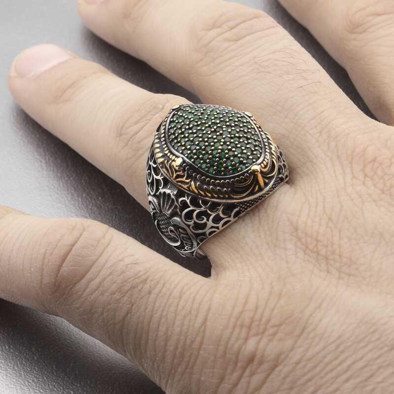 Gümüş Yeşil Zirkon Taşlı Oval Erkek Yüzük - Görsel 3