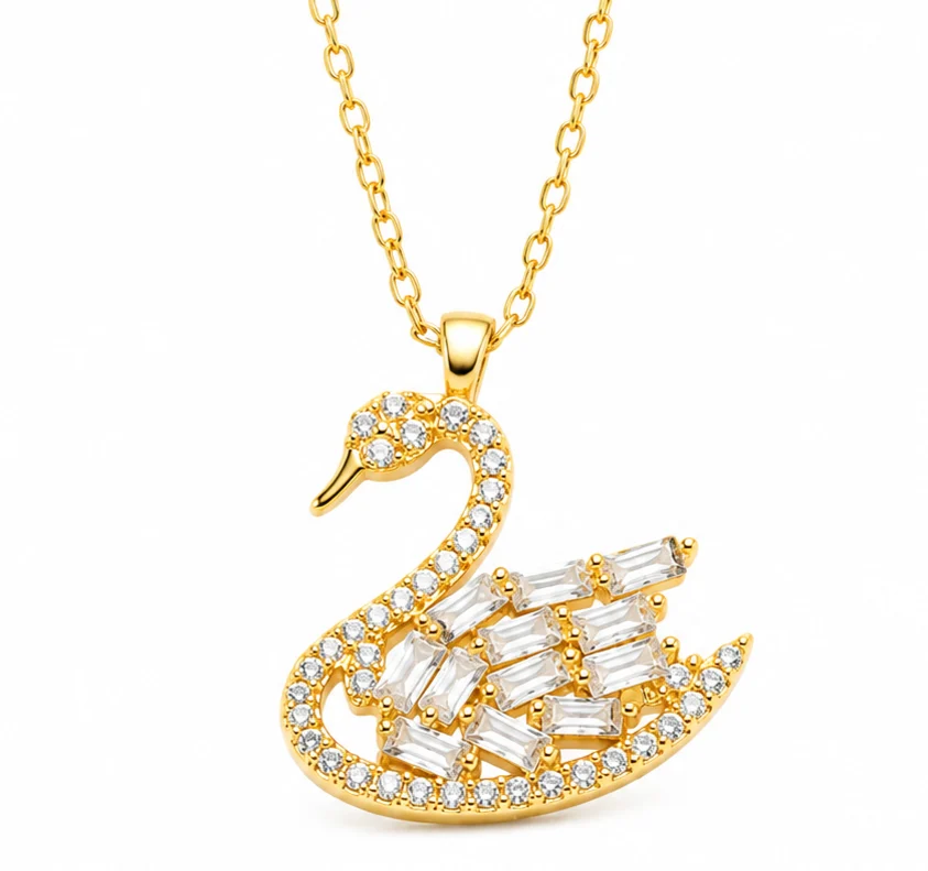 Gümüş Gold Baget Taşlı Kuğu Kadın Kolye 1 Gümüş Gold Baget Taşlı Kuğu Kadın Kolye