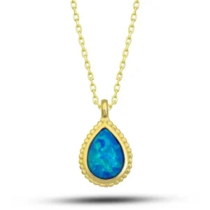Gümüş Gold Damla Mavi Opal Taşlı Kadın Kolye