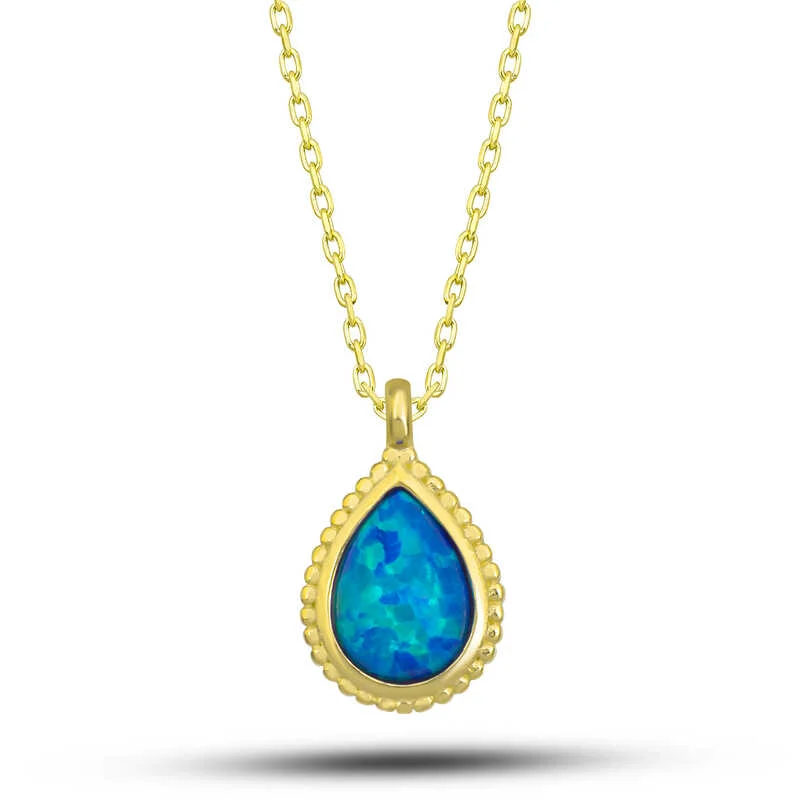 Gümüş Gold Damla Mavi Opal Taşlı Kadın Kolye 1 Gümüş Gold Damla Mavi Opal Taşlı Kadın Kolye