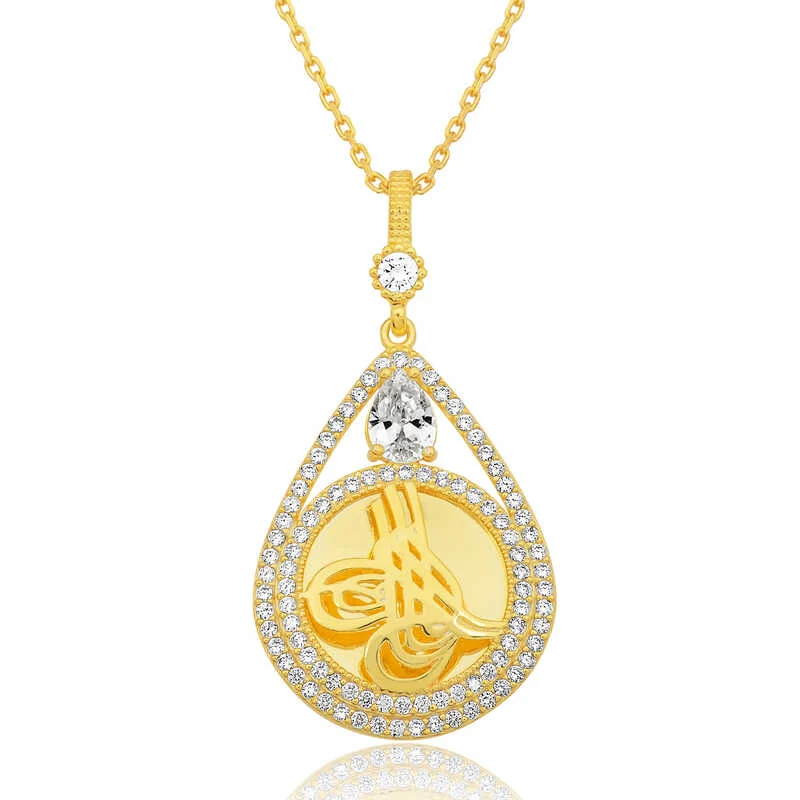 Gümüş Gold Kaplama Damla Tuğralı Kadın Kolye 1 Gümüş Gold Kaplama Damla Tuğralı Kadın Kolye