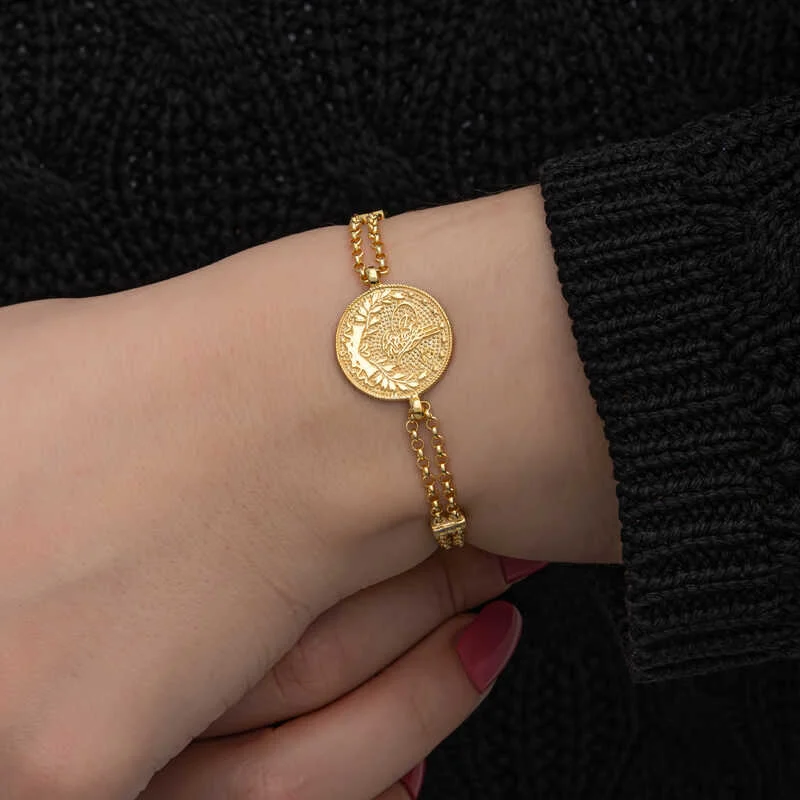 Gümüş Gold Kaplama Tuğralı Kadın Bileklik 3 Gümüş Gold Kaplama Tuğralı Kadın Bileklik