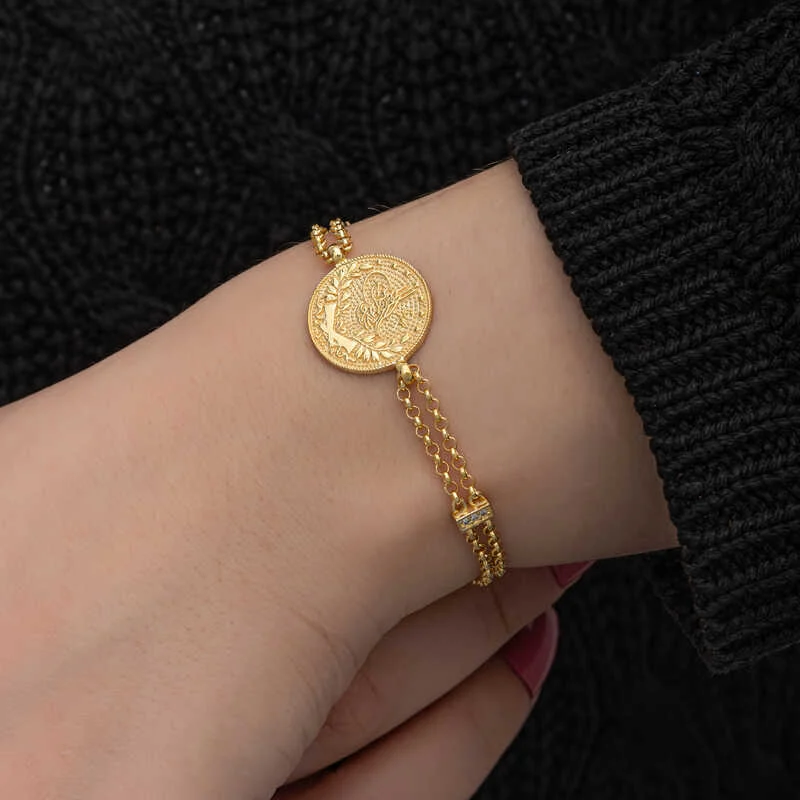 Gümüş Gold Kaplama Tuğralı Kadın Bileklik 4 Gümüş Gold Kaplama Tuğralı Kadın Bileklik