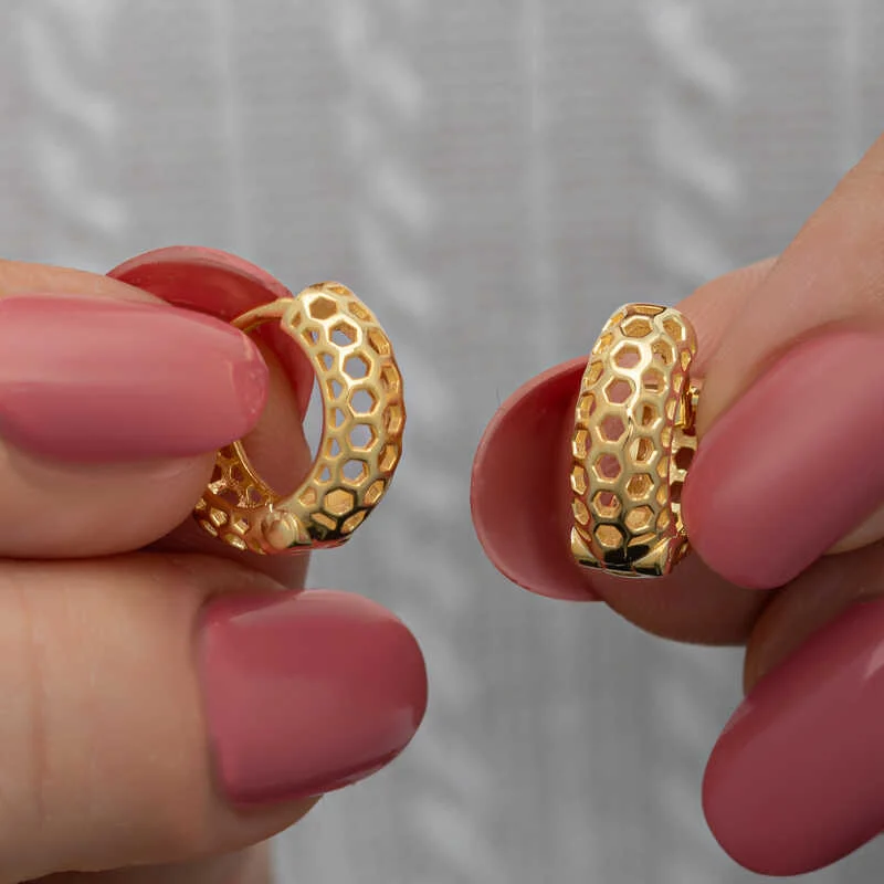 Gümüş Gold Petek Desenli Halka Kadın Küpe 2 Gümüş Gold Petek Desenli Halka Kadın Küpe