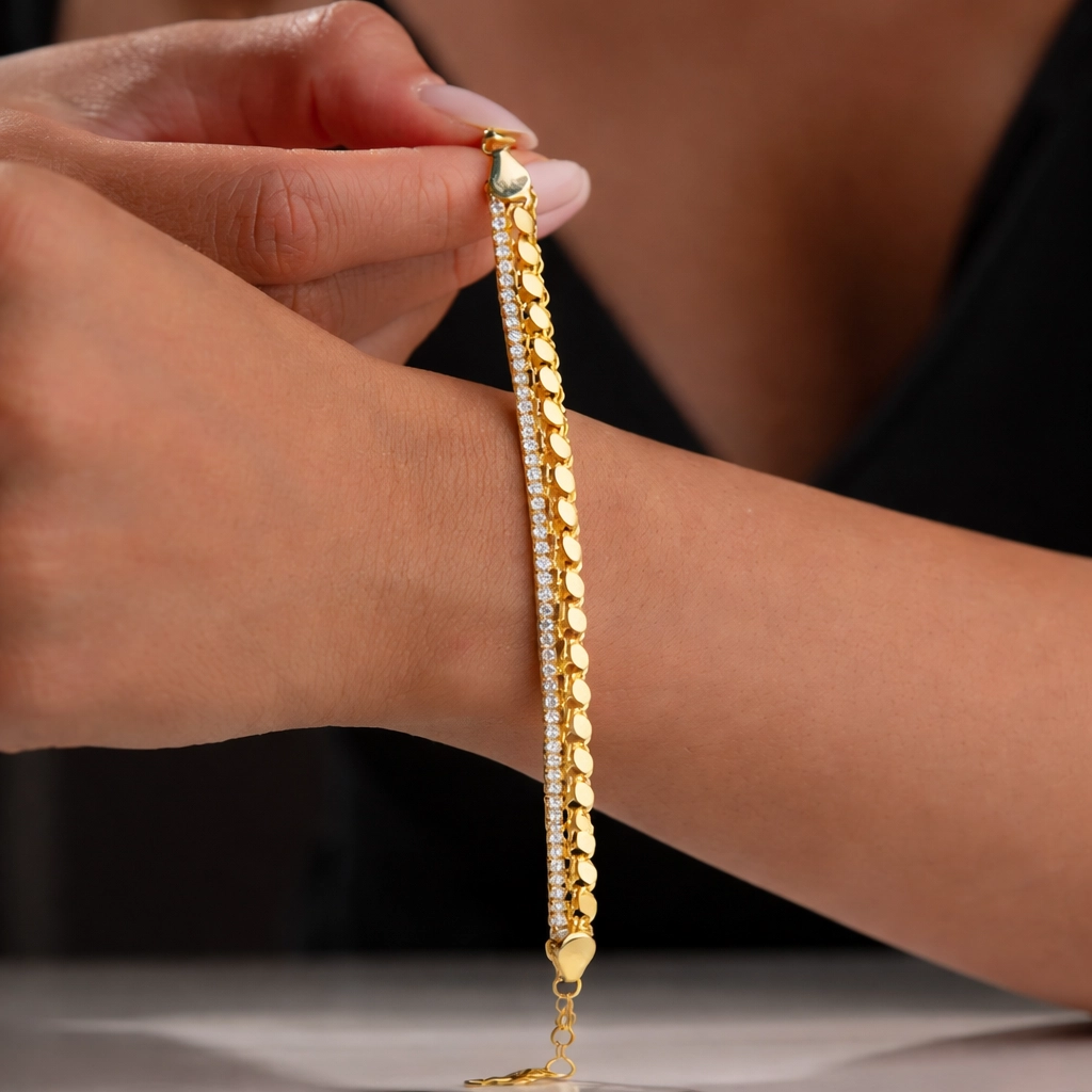 Gümüş Gold Pullu Su Yolu Kadın Bileklik 1 Gümüş Gold Pullu Su Yolu Kadın Bileklik