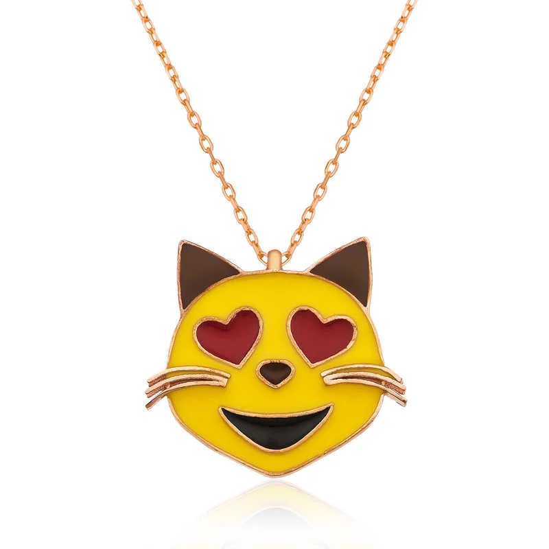 Gümüş Kalp Gözlü Kedi Emoji Bayan Kolye 1 Gümüş Kalp Gözlü Kedi Emoji Bayan Kolye