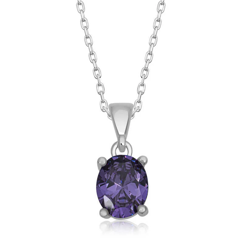 Gümüş Mor Kristal Oval Taşlı Kadın Kolye 1 Gümüş Mor Kristal Oval Taşlı Kadın Kolye