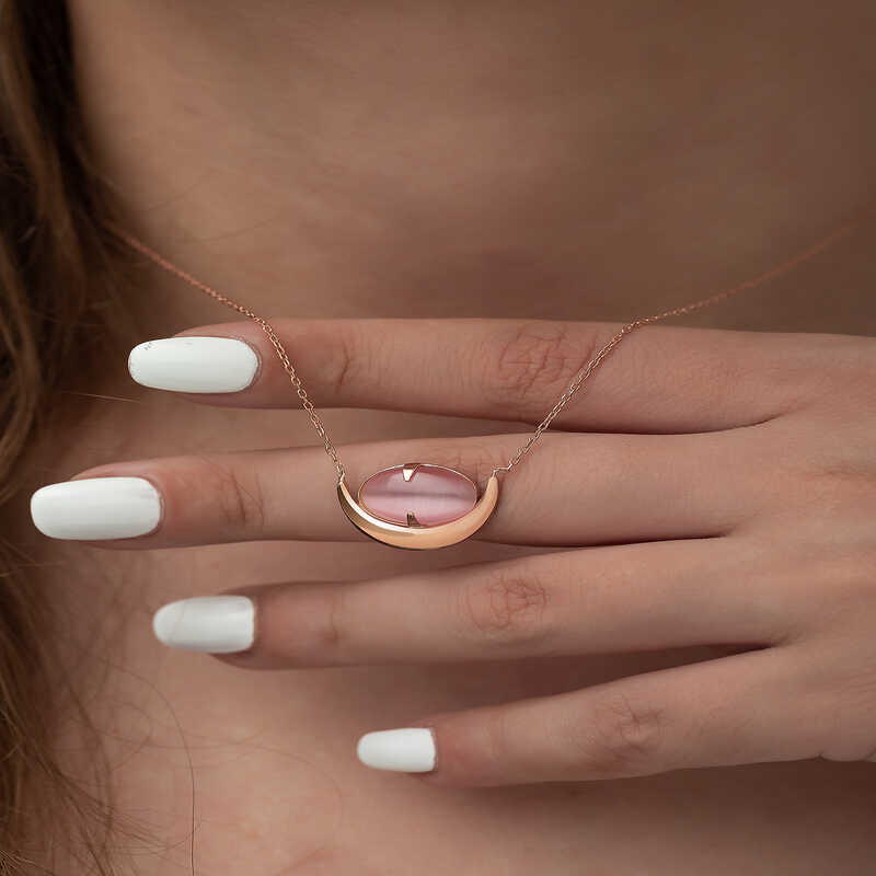 Gümüş Pembe Kedi Gözü Taşlı Hilal Kolye 2 Gümüş Pembe Kedi Gözü Taşlı Hilal Kolye
