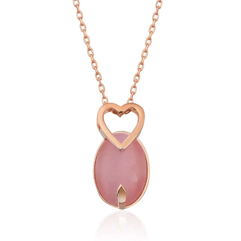 Gümüş Pembe Kedi Gözü Taşlı Kalp Kolye 1 Gümüş Pembe Kedi Gözü Taşlı Kalp Kolye